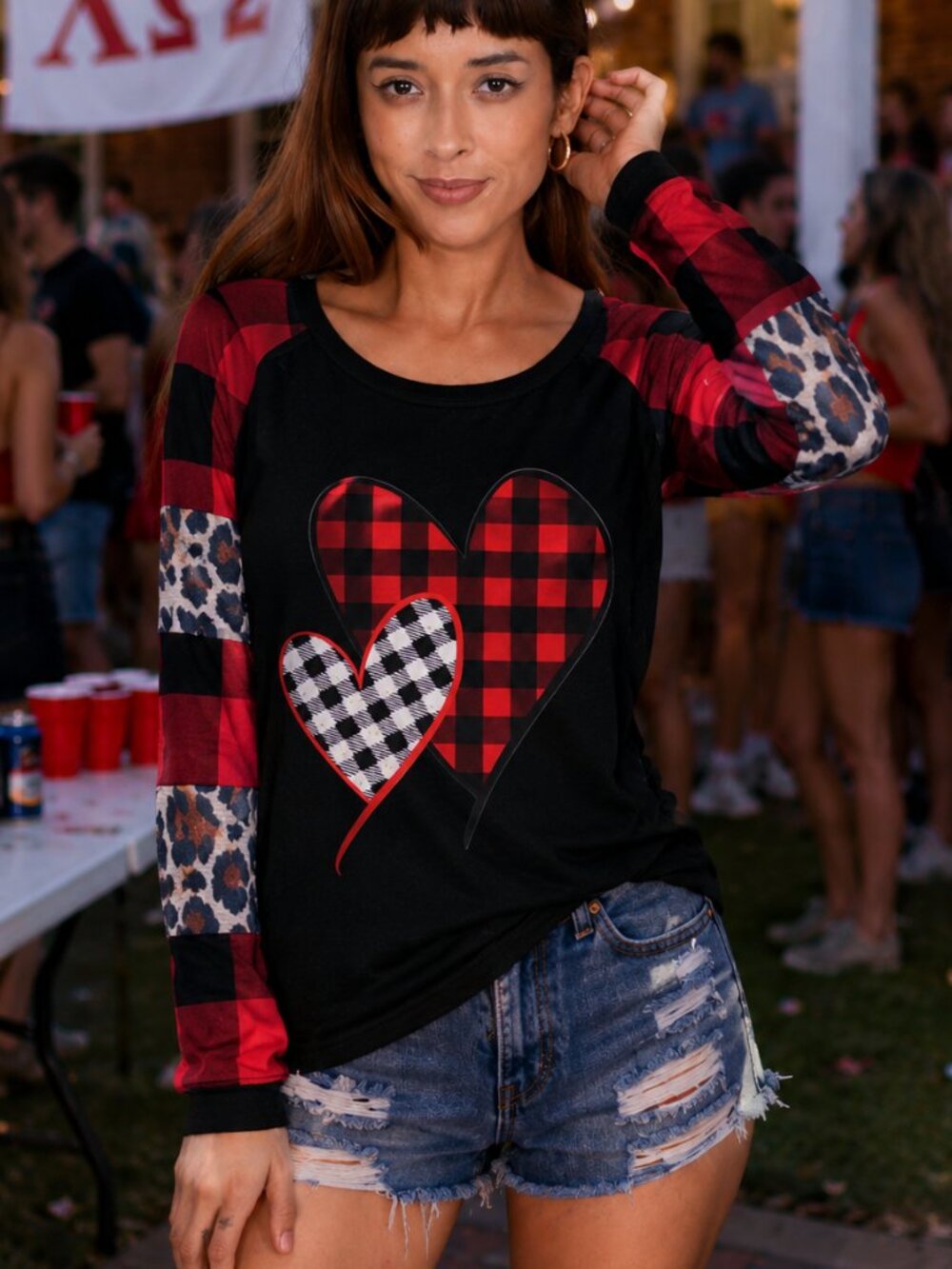 Buffalo Plaid Heart Graphic Soft Stretch Top Leopard Colorblock Long Sleeve Tee